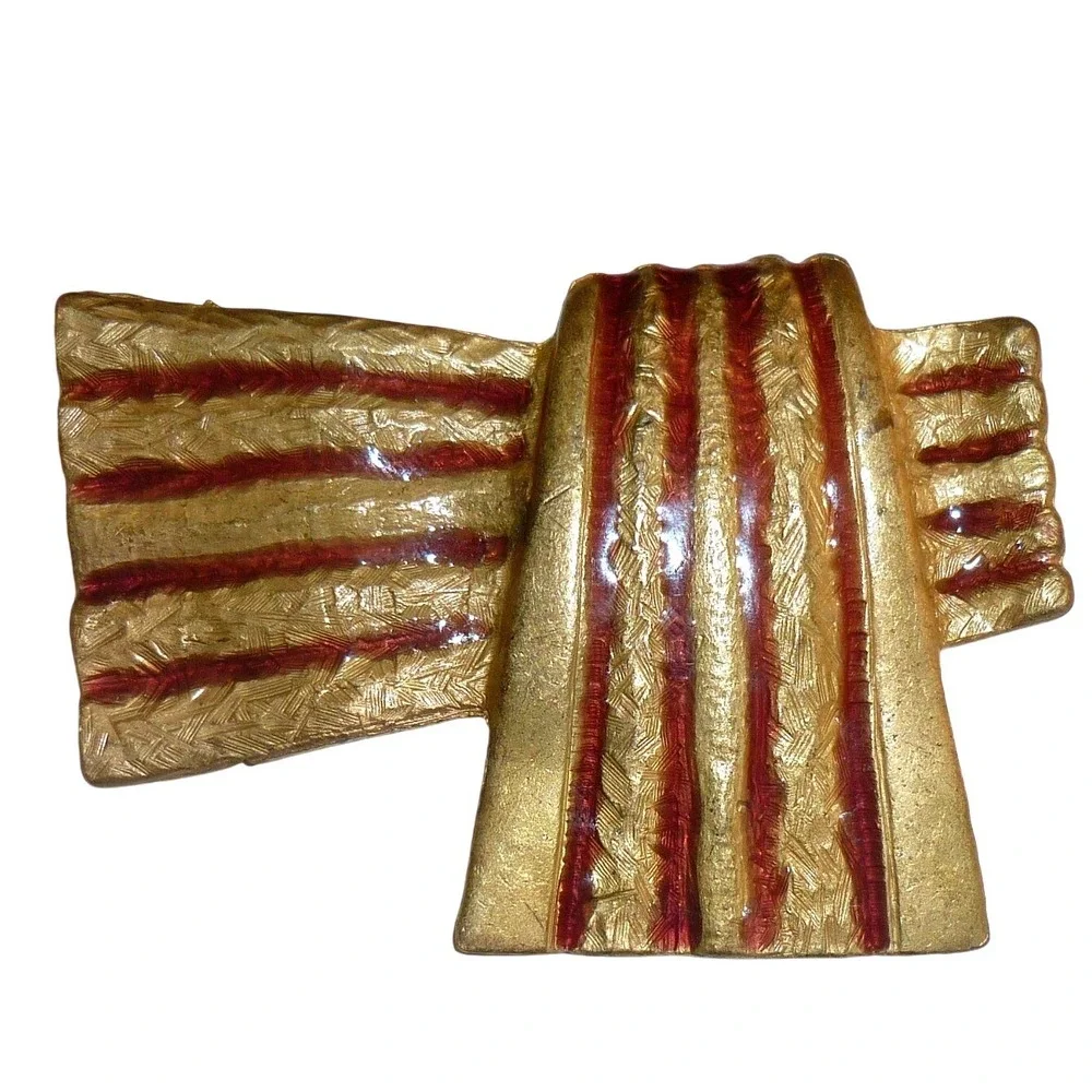 Vintage Signed ELLE Kimono Brooch Pin Gold‎ Tone & Burgundy Enamel 1980s